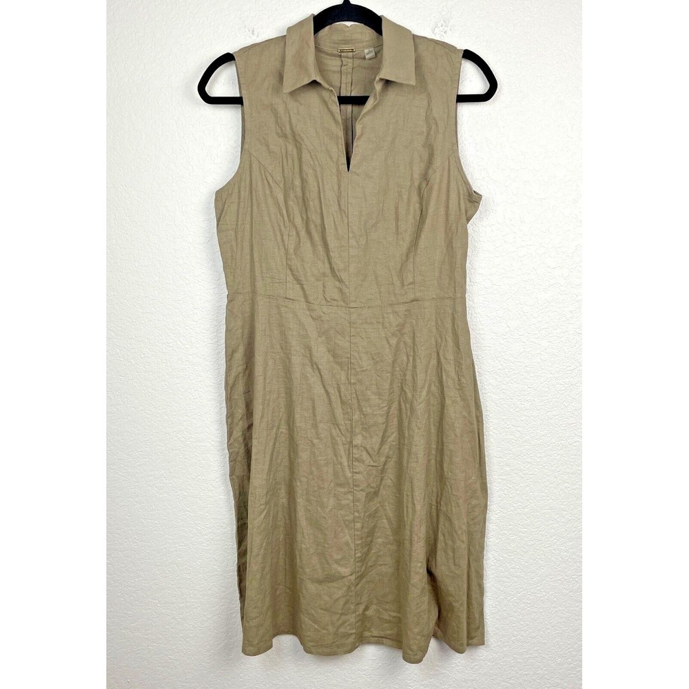 T Tahari Dress Womens 8 Khaki Sleeveless V Neck Linen Blend Lagenlook
